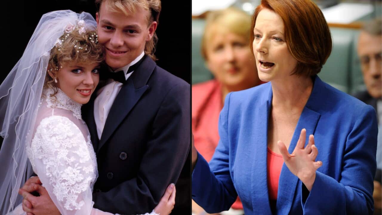 A split image. On the left are Kylie Minogue and Jason Donovan as their characters Charlene Robinson and Scott Robinson on Neighbours in 1988. On the right is former prime minister Julia Gillard.