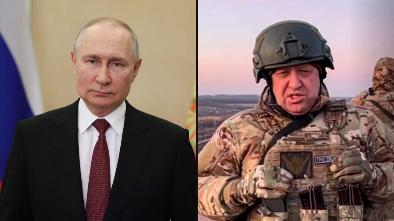 Composite image of Vladimir Putin and Yevgeny Prigozhin.