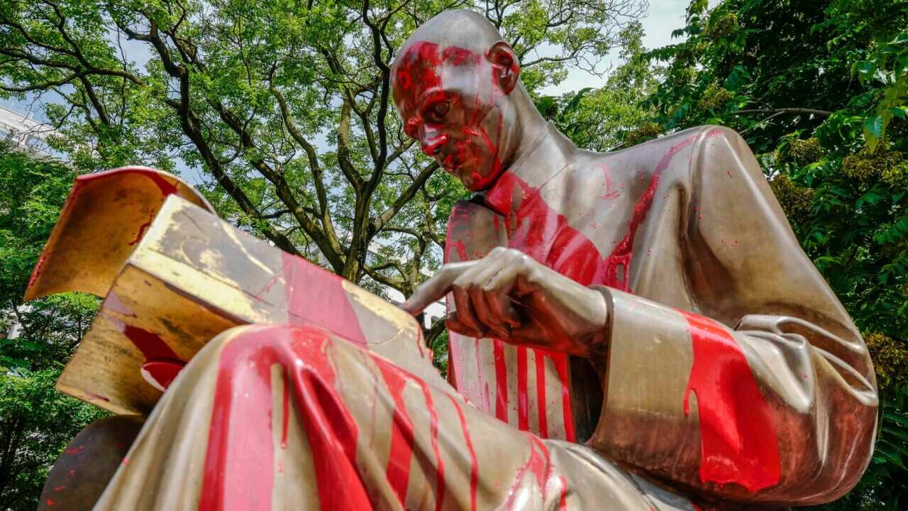 A statue of famous Italian journalist Indro Montanelli, was sprayed painted red and tagged with the words racist