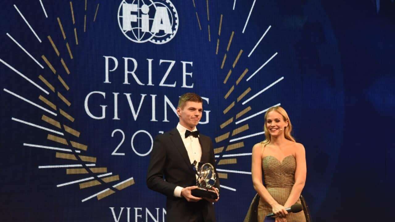 Max Verstappen (L) during the 2016 FIA Prize Giving ceremony
