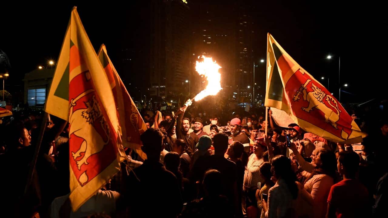 A demonstration against the economic crisis at the entrance of the president's office in Colombo