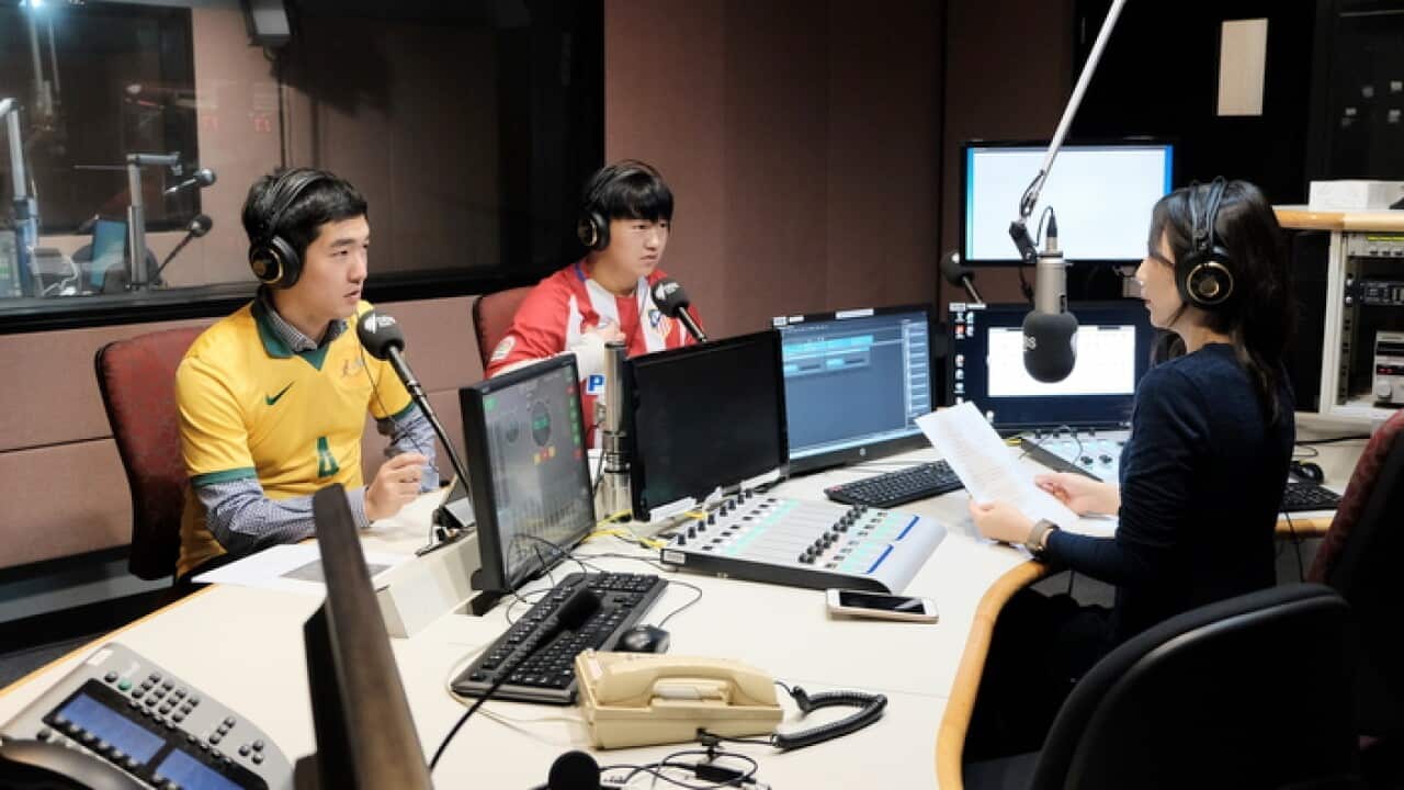 SBS Korean program's Russia World Cup panel in Sydney, Jun Lee and Bryant Yoon with SBS producer Leah Na