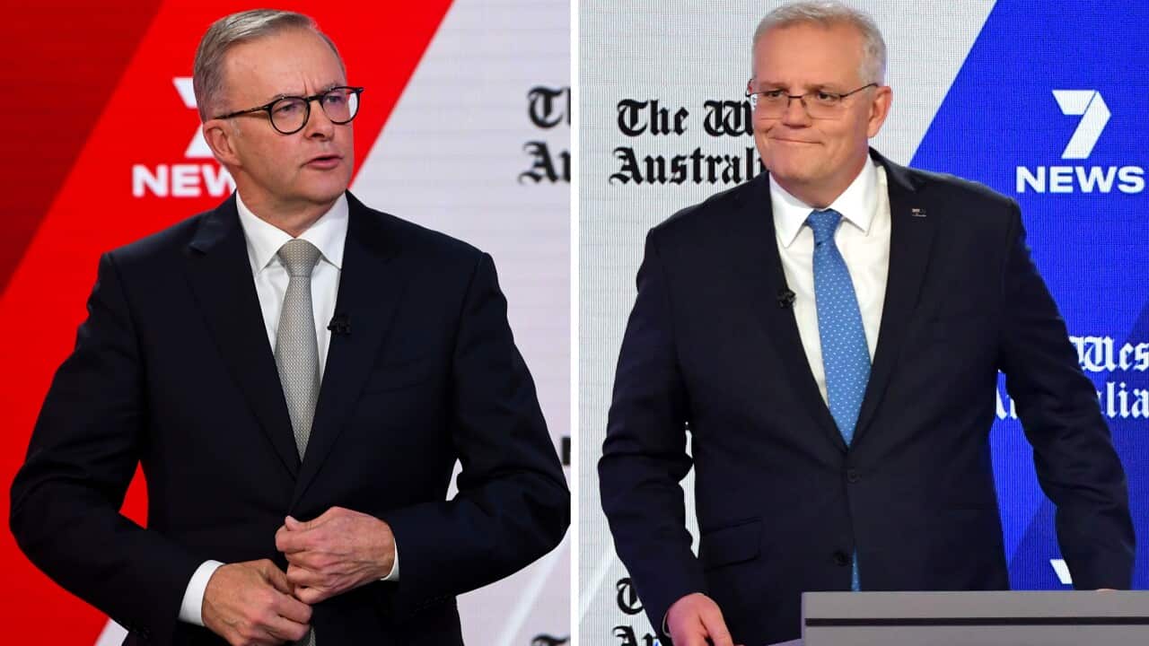 Opposition Leader Anthony Albanese and PM Scott Morrison during the third leaders' debate at Seven Network Studios in Sydney, May 11.