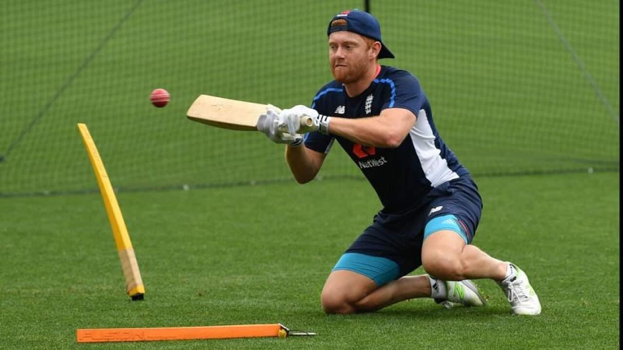 Jonny Bairstow of England warms up before the start of day three.