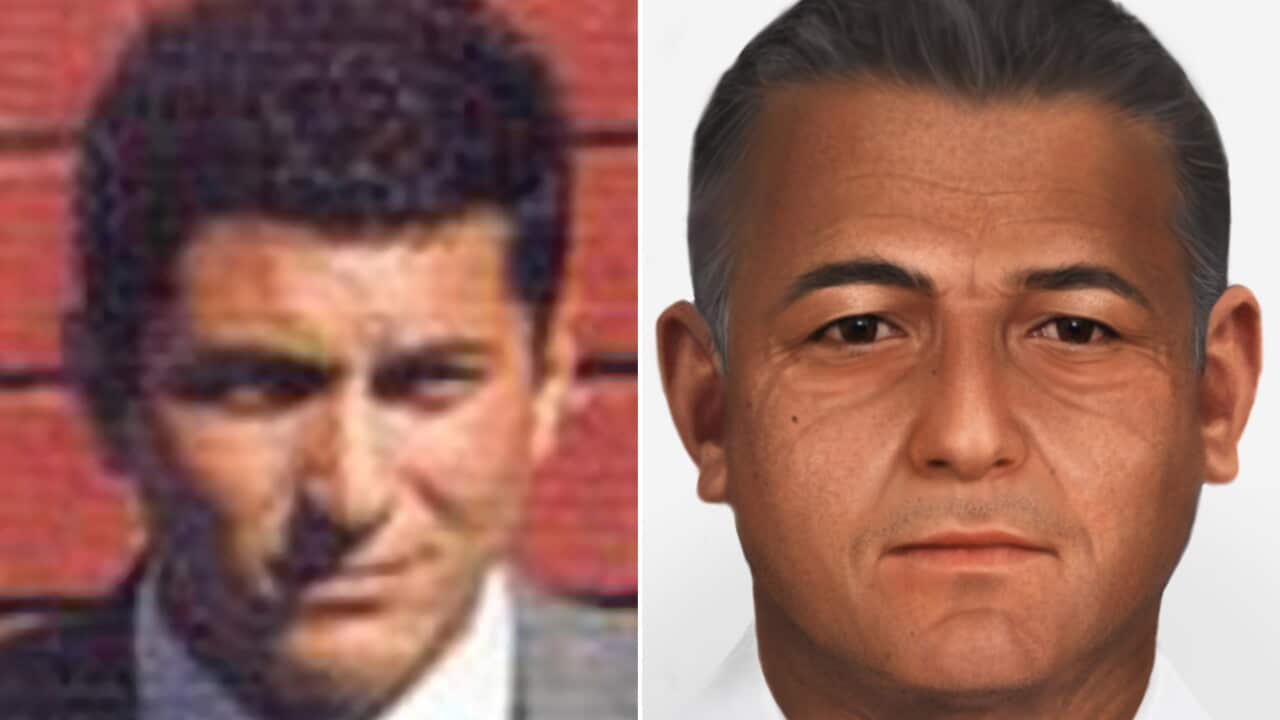 A composite image of a younger Greek man and an aged progressed digital image of the same man