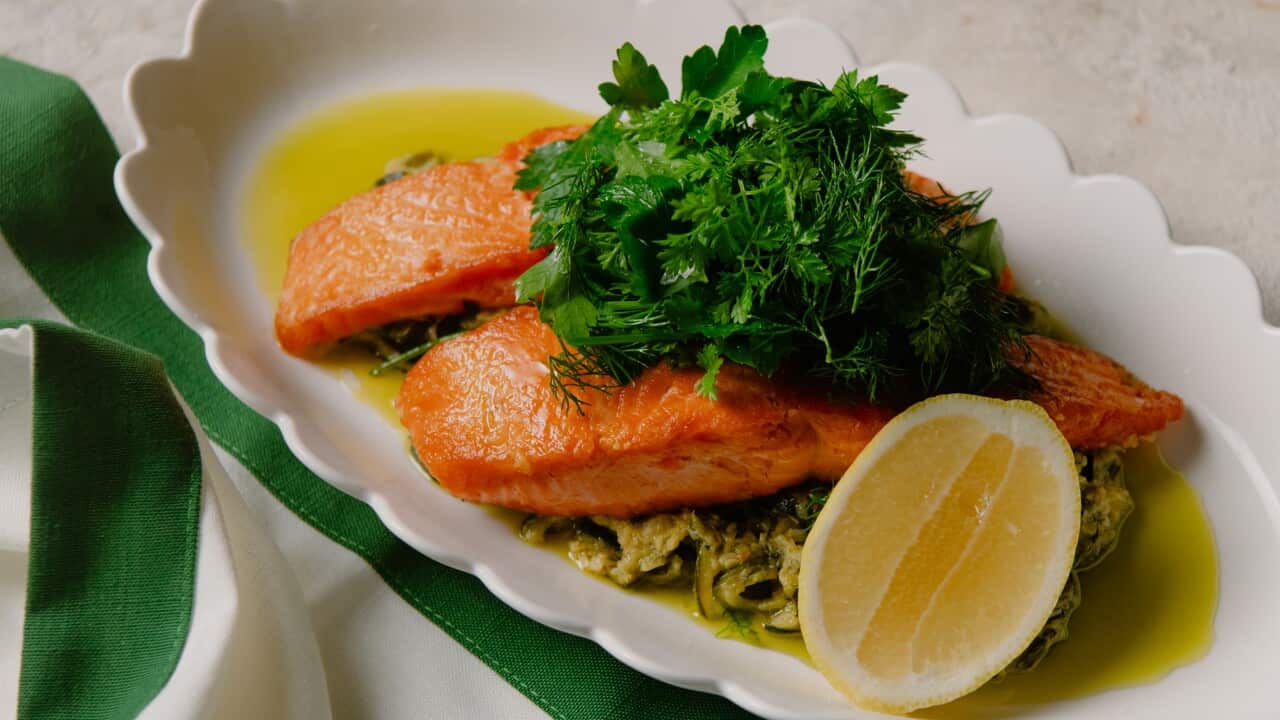 Grilled salmon with slow-cooked zucchini