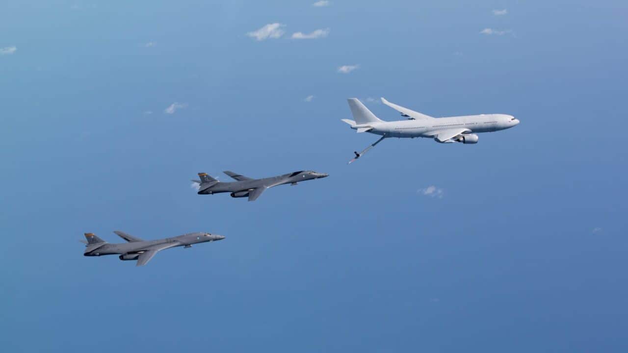 A supplied image obtained on Tuesday, November 9, 2021, of A Royal Australian Air Force KC-30A Multi Role Tanker Transport aircraft (right) and two United States Air Force B-1 Lancer bomber aircraft fly in formation over the Northern Territory