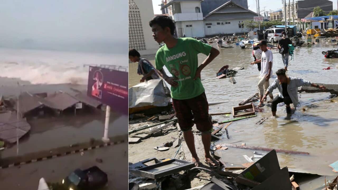 Combo image: the wave hitting Indonesia, and the rescue efforts (R)