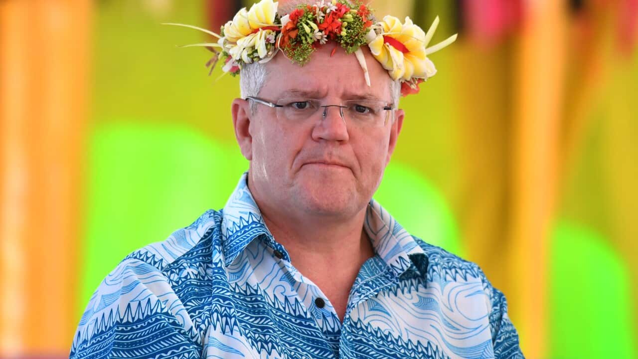 Prime Minister Scott Morrison arrives for the Pacific Islands Forum in Funafuti, Tuvalu, in August 2019.