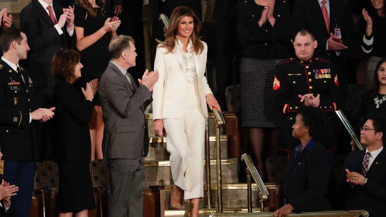 First lady Melania Trump arrives before the State of the Union address to a joint session of Congress on Capitol Hill in Washington
