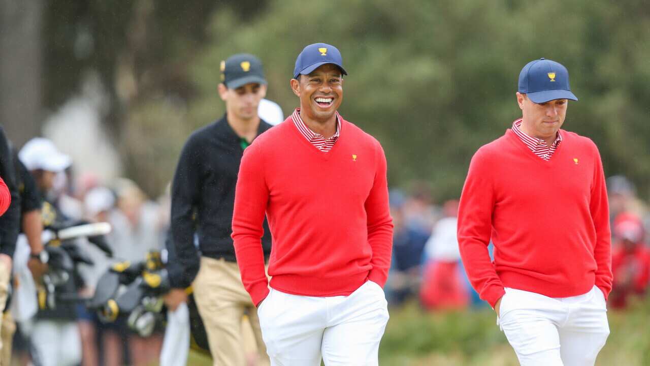 Tiger Woods during the first round of the Presidents Cup golf tournament at the Royal Melbourne Golf Club in Melbourne, Thursday, December 12, 2019. (AAP Image/Tim Carrafa) NO ARCHIVING, EDITORIAL USE ONLY