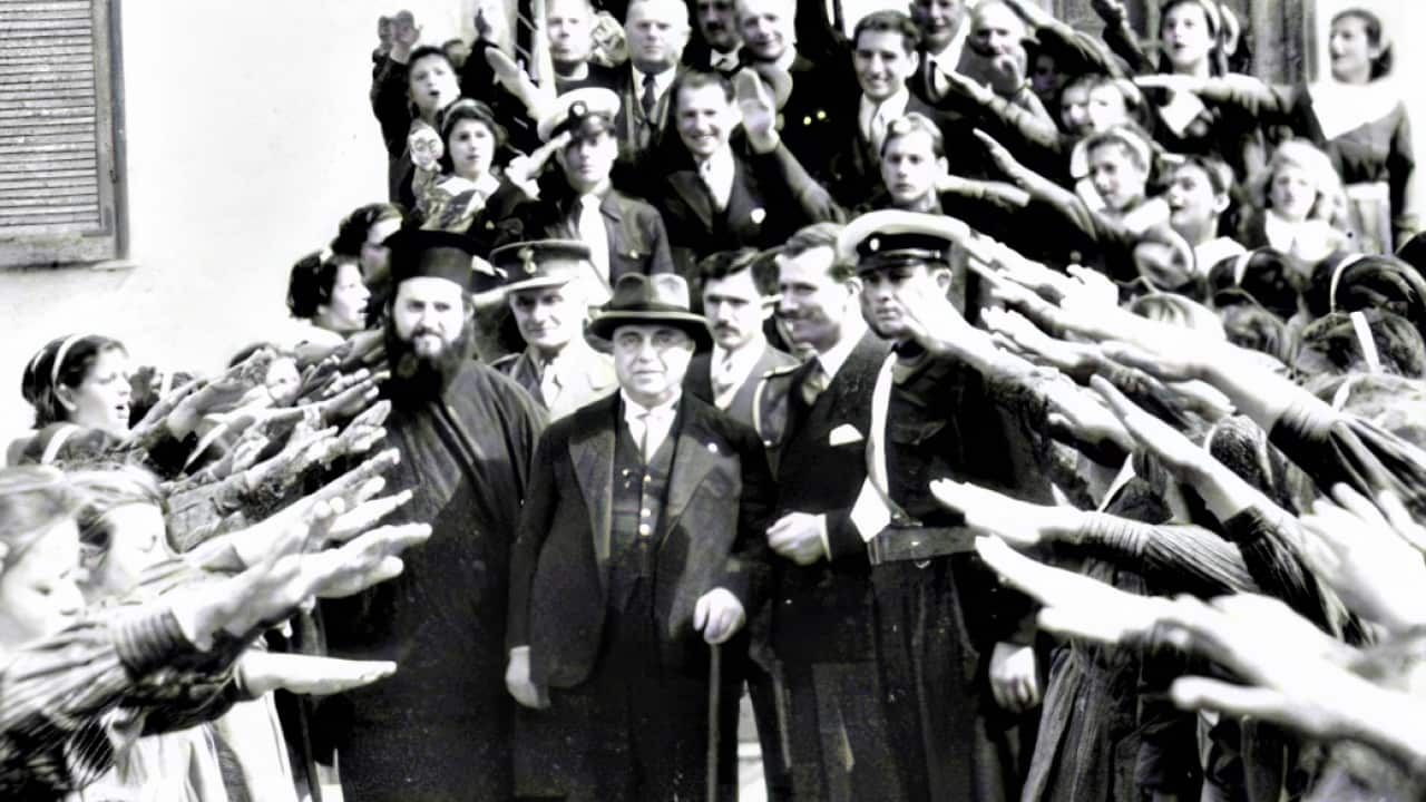 Ioannis Metaxas (in the centre) during the celebration of the establishment of the 4th of August Regime