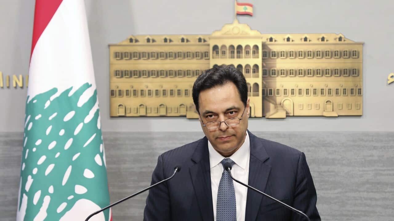 Lebanese Prime Minister Hassan Diab, gives a speech at the Government House in Beirut, Lebanon, Saturday, March. 7, 2020.