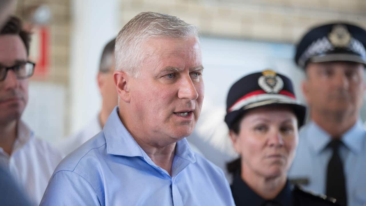 Michael McCormack speaks at the Queensland Fire and Emergency Services Deployment Centre in Warana.