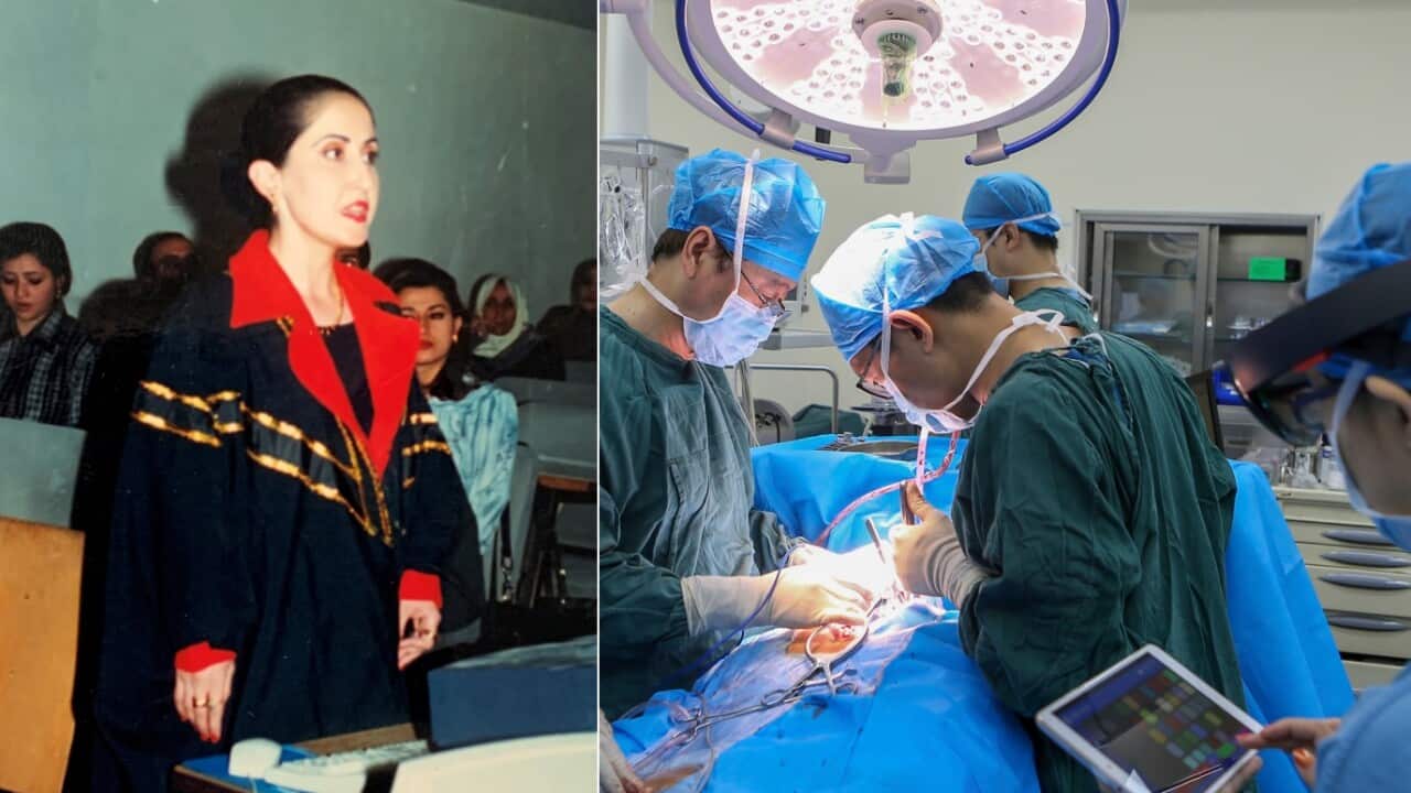 Associate Professor Dr Abeer Alsadoon during her time in Baghdad, and an operating theatre utilising mixed reality during surgery.