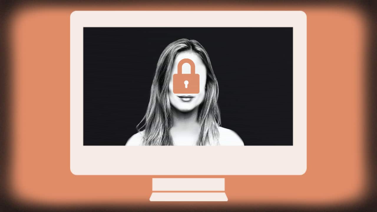 A graphic image of a woman's face on a computer screen with a lock obscuring her features