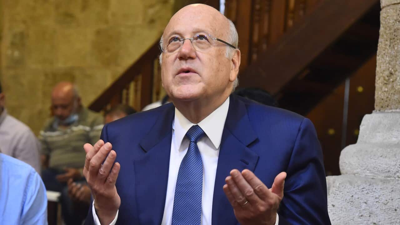 Lebanese Prime Minister Najib Mikati prays at a mosque in Beirut, Lebanon, Friday, Sept 10, 2021.