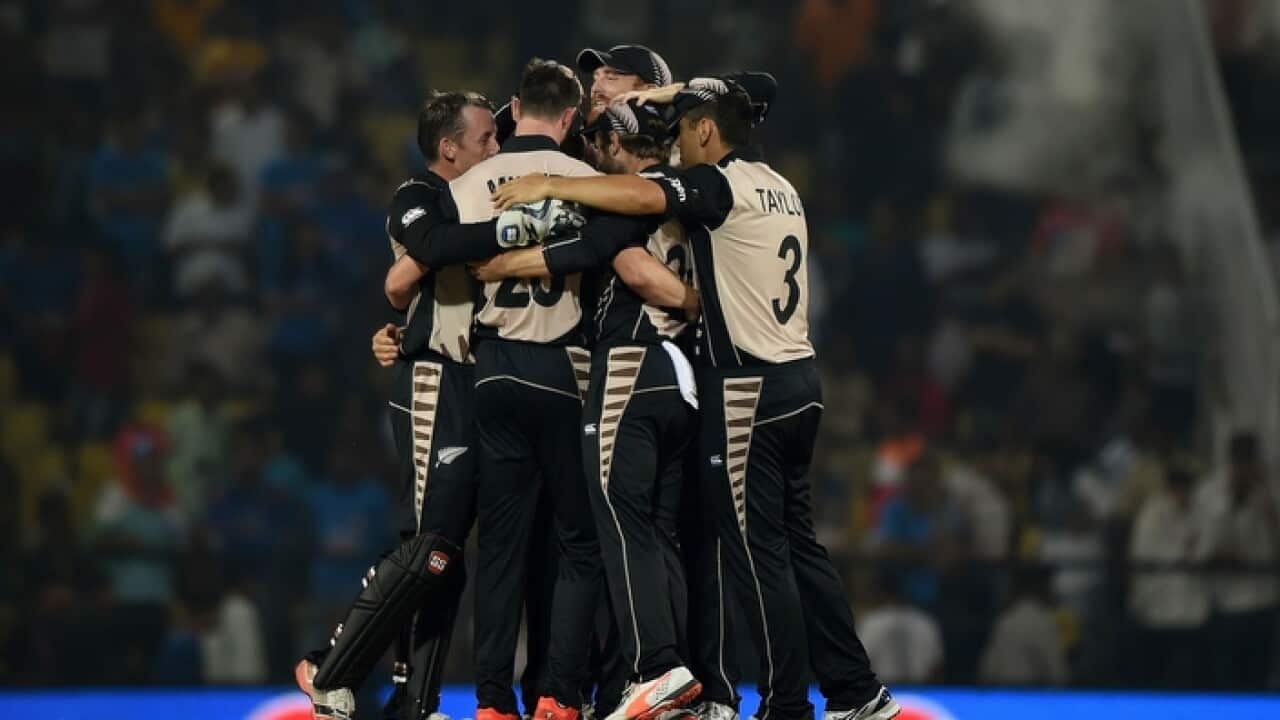 New Zealand's players celebrate after winning the World T20 cricket tournament match against India at The Vidarbha Cricket Association Stadium in Nagpur on March 15, 2016.