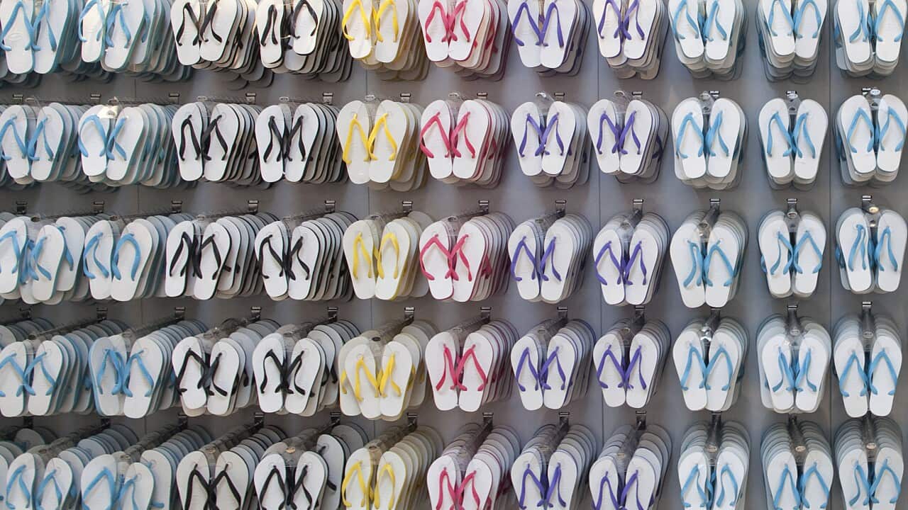 In this photo taken July 16, 2012, a store wall is filled with Havaianas sandals in Sao Paulo, Brazil.