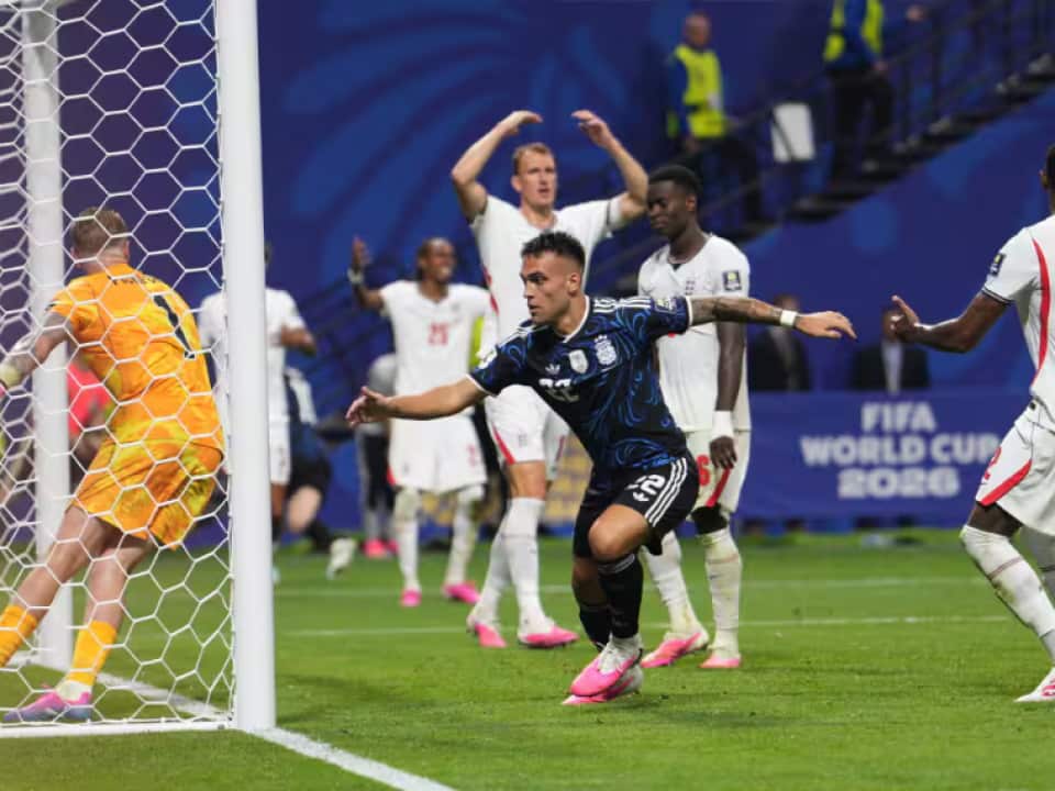 Argentina's Lautaro Martinez (22) celebrates after scoring his side's second goal during the World Cup semifinal soccer match between England and Argentina in Atlanta, Wednesday, July 15, 2026. (AP Photo/Jacob Kupferman) Credit: Jacob Kupferman/AP Photo/Jacob Kupferman