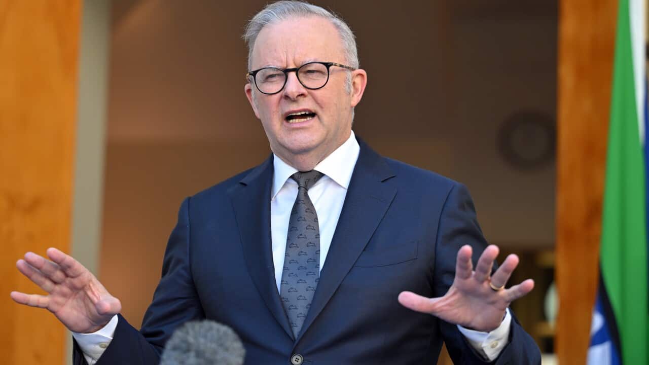 Anthony Albanese speaking at a podium in a navy suit and tie.