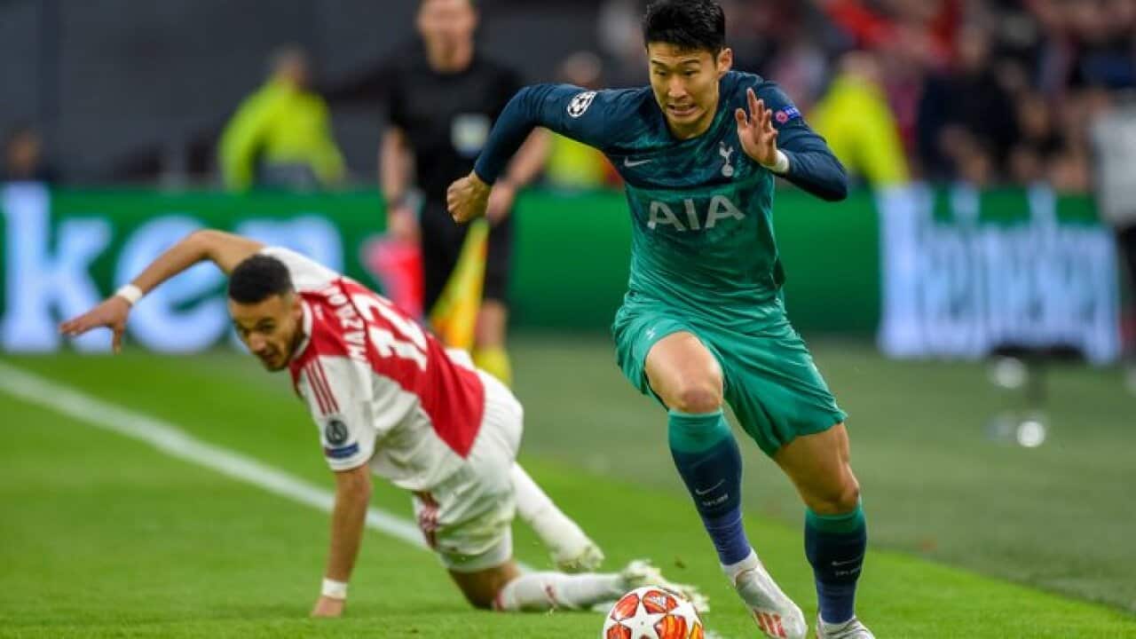 Heung-Min Son of Tottenham controls the ball during the UEFA Champions League Semi-Final match between AFC Ajax Amsterdam and Tottenham Hotspur FC at Johan Cruijff ArenA in Amsterdam, Netherlands on May 8, 2019 (Photo by Andrew Surma/Sipa USA)..
