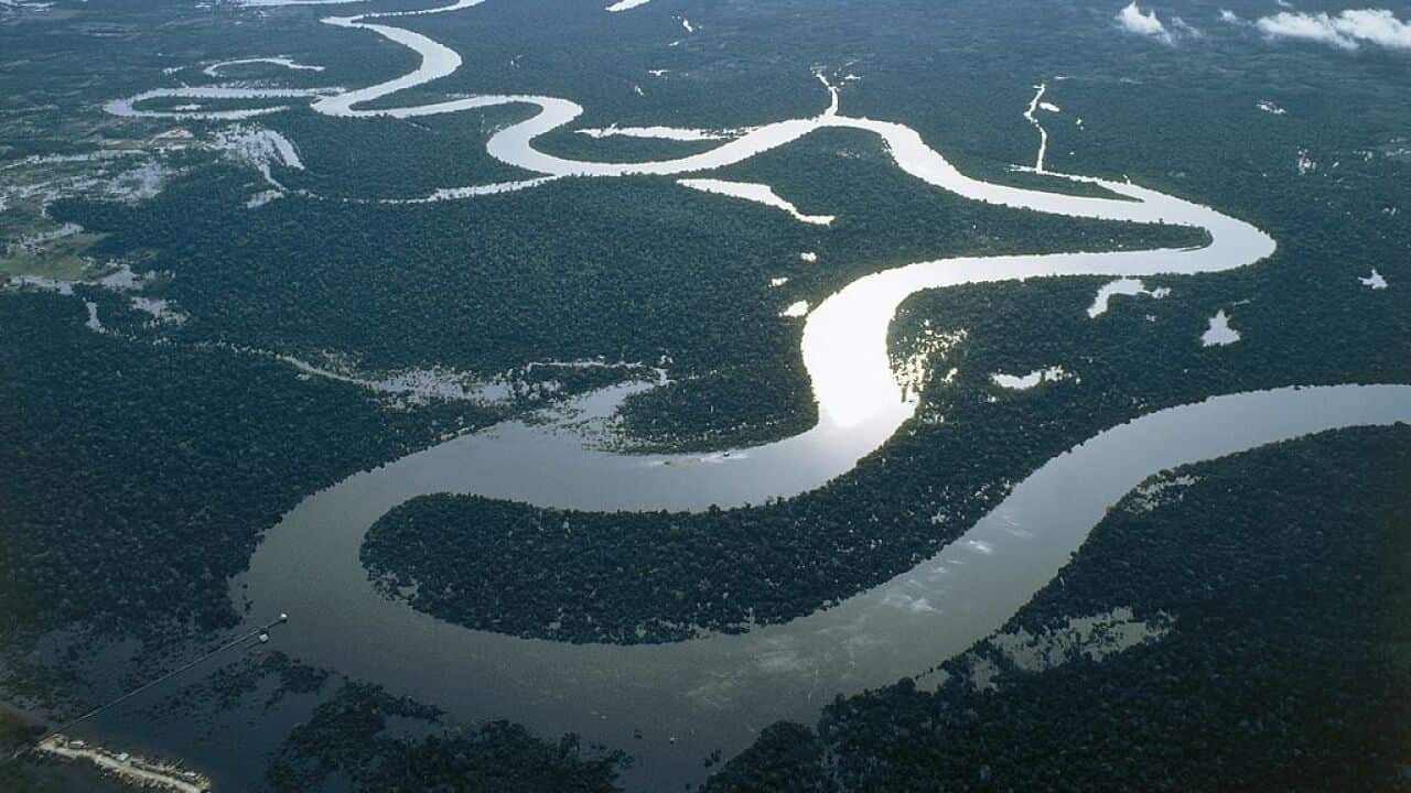 Aerial view of the Amazon River near Iquitos in the Loreto Region of Peru.