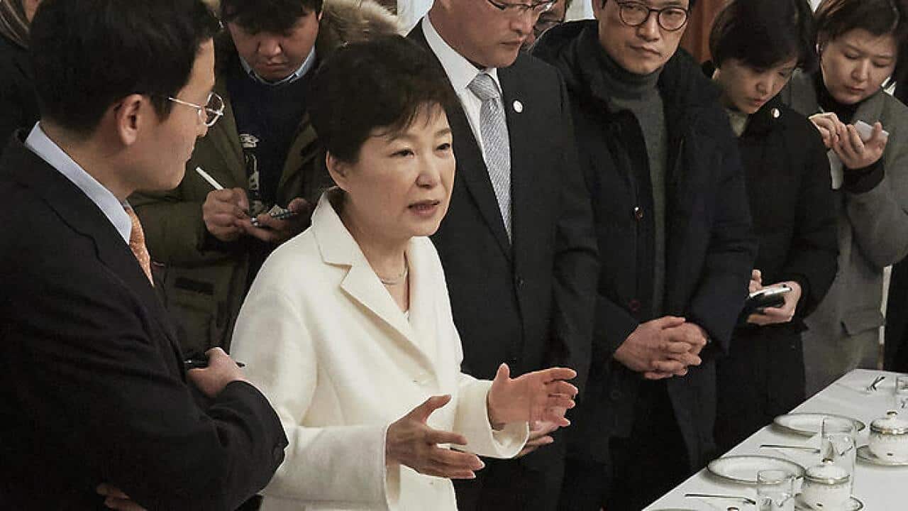 In this Sunday, Jan. 1, 2017 photo impeached South Korean President Park Geun-hye, speaks at the presidential house in Seoul.