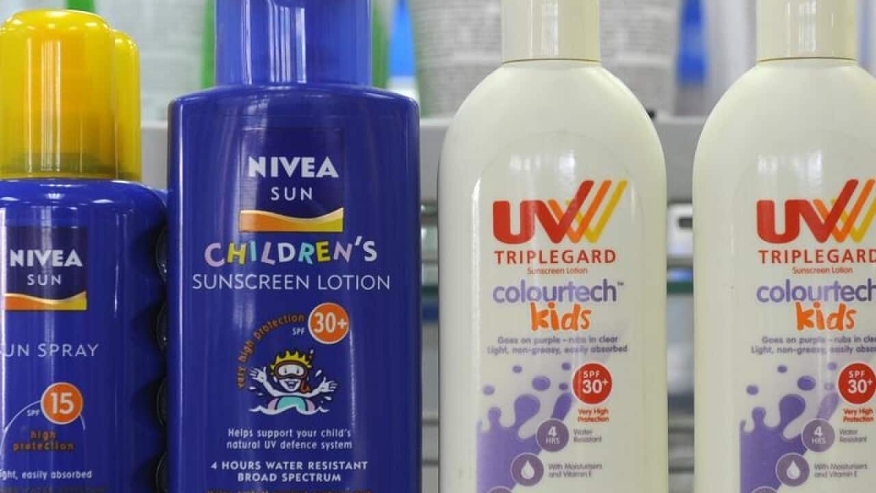 Consumer brand sunscreens on display at a pharmacy