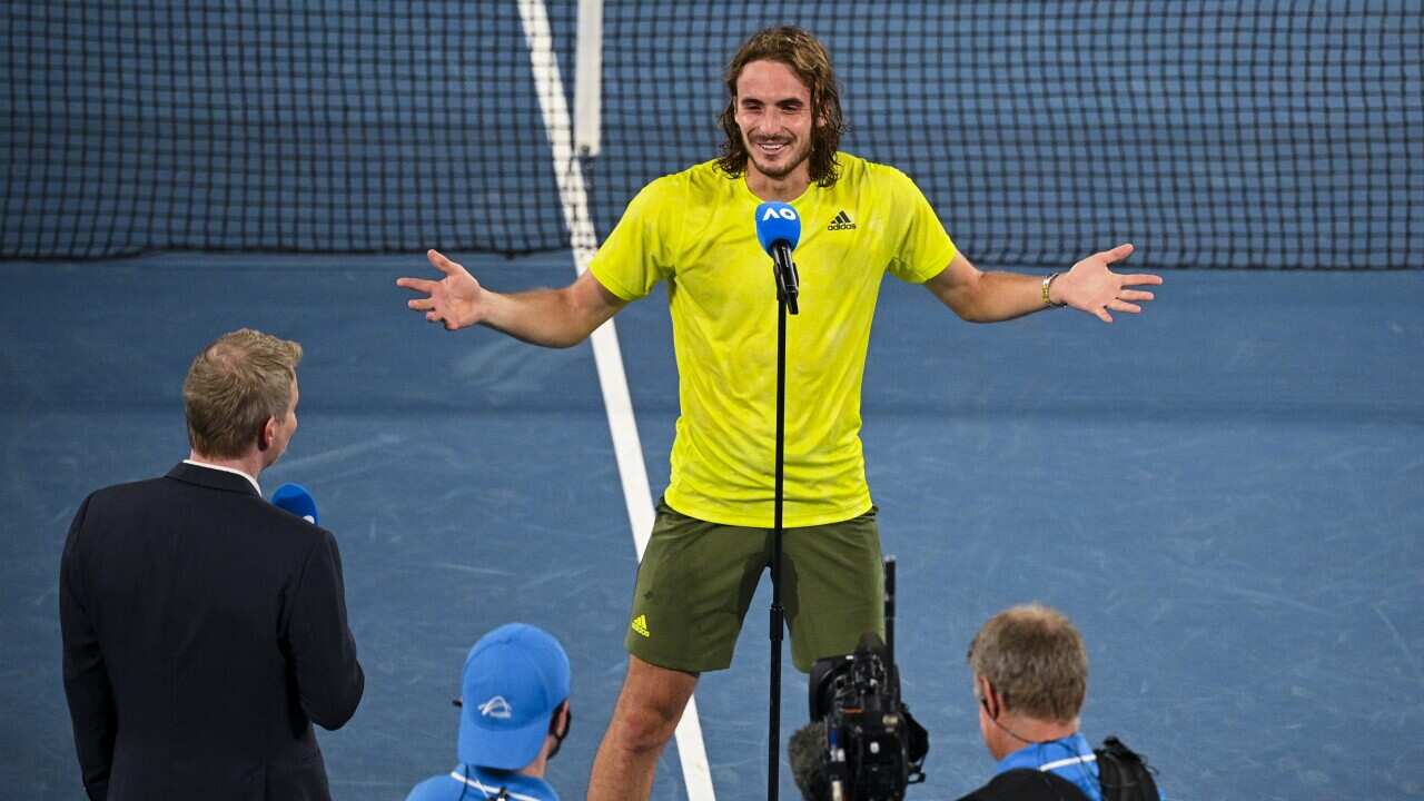 Stefanos Tsitsipas in a post match interview after winning his Round 1 men's singles match against Gilles Simon, Australian Open in Melbourne, February 9, 2021