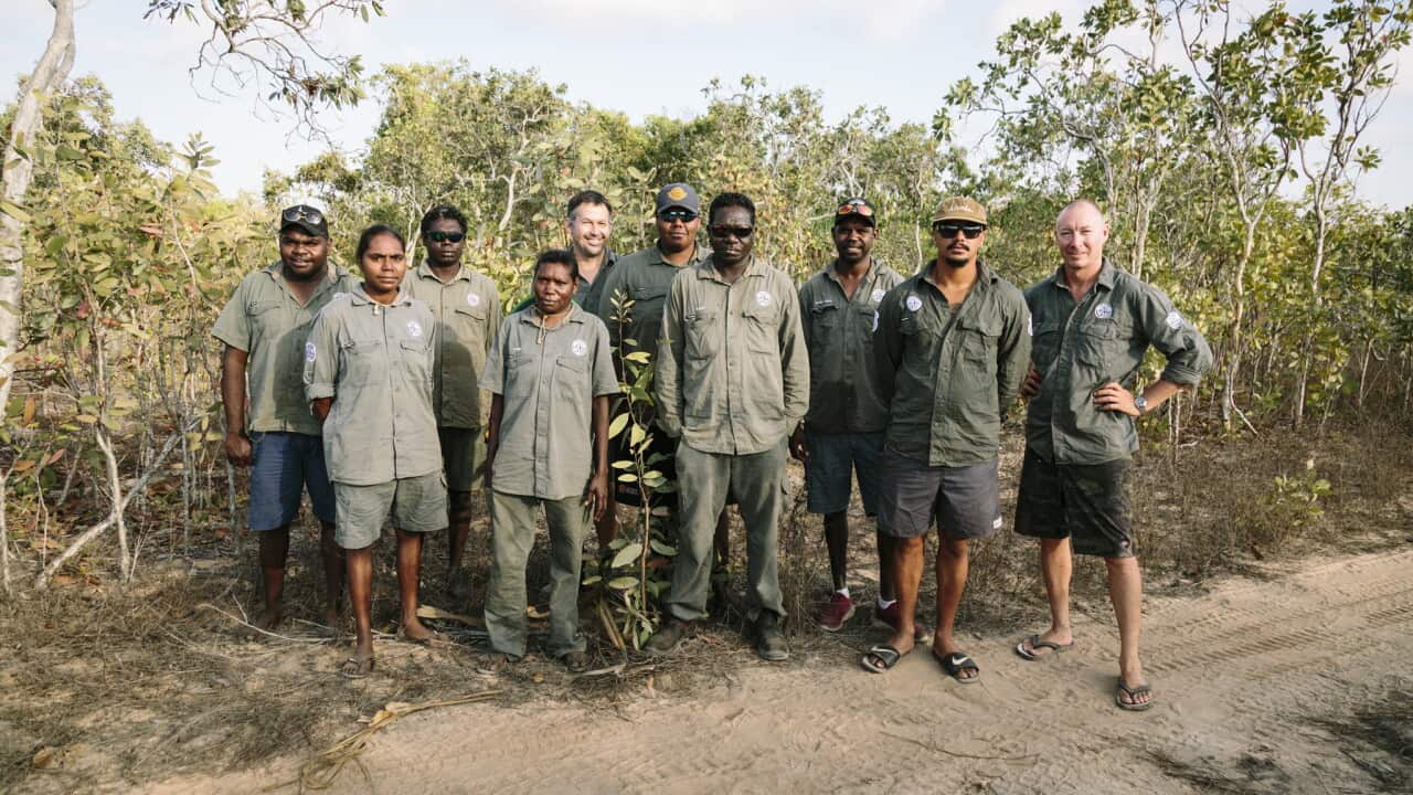 Part of the team from Dhimurru Aboriginal Corporation during a beach clean up camp in October 2019