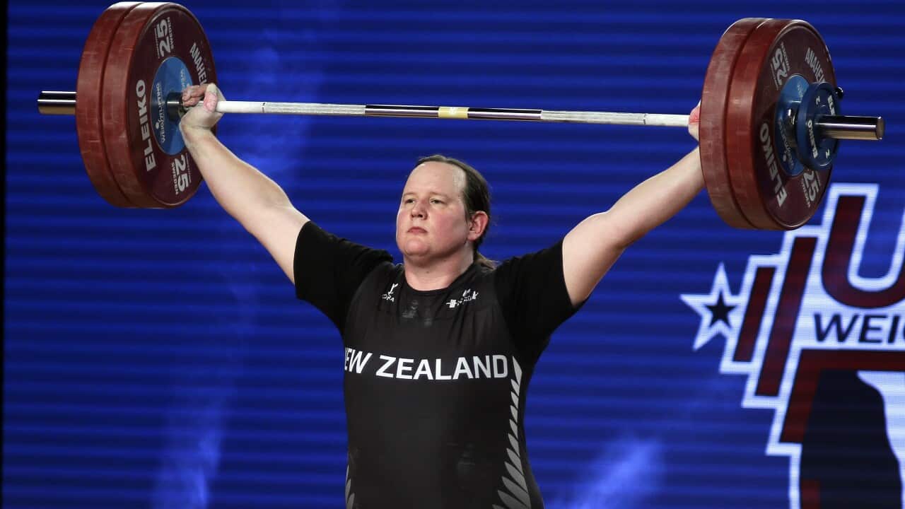 Transgender athlete Laurel Hubbard from New Zealand competes in the women's 90+ kg weight class competition at the Weightlifting World Championships.