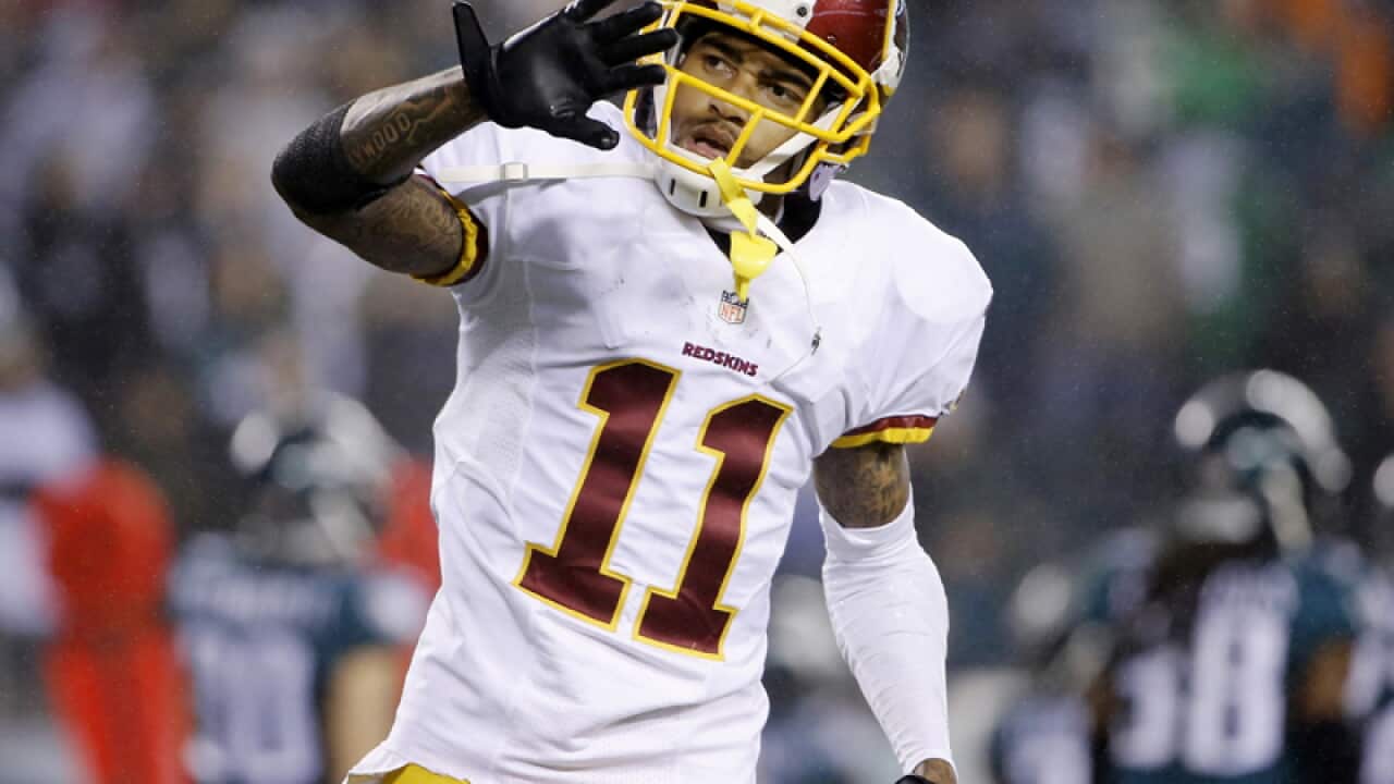 Washington Redskins' DeSean Jackson reacts.