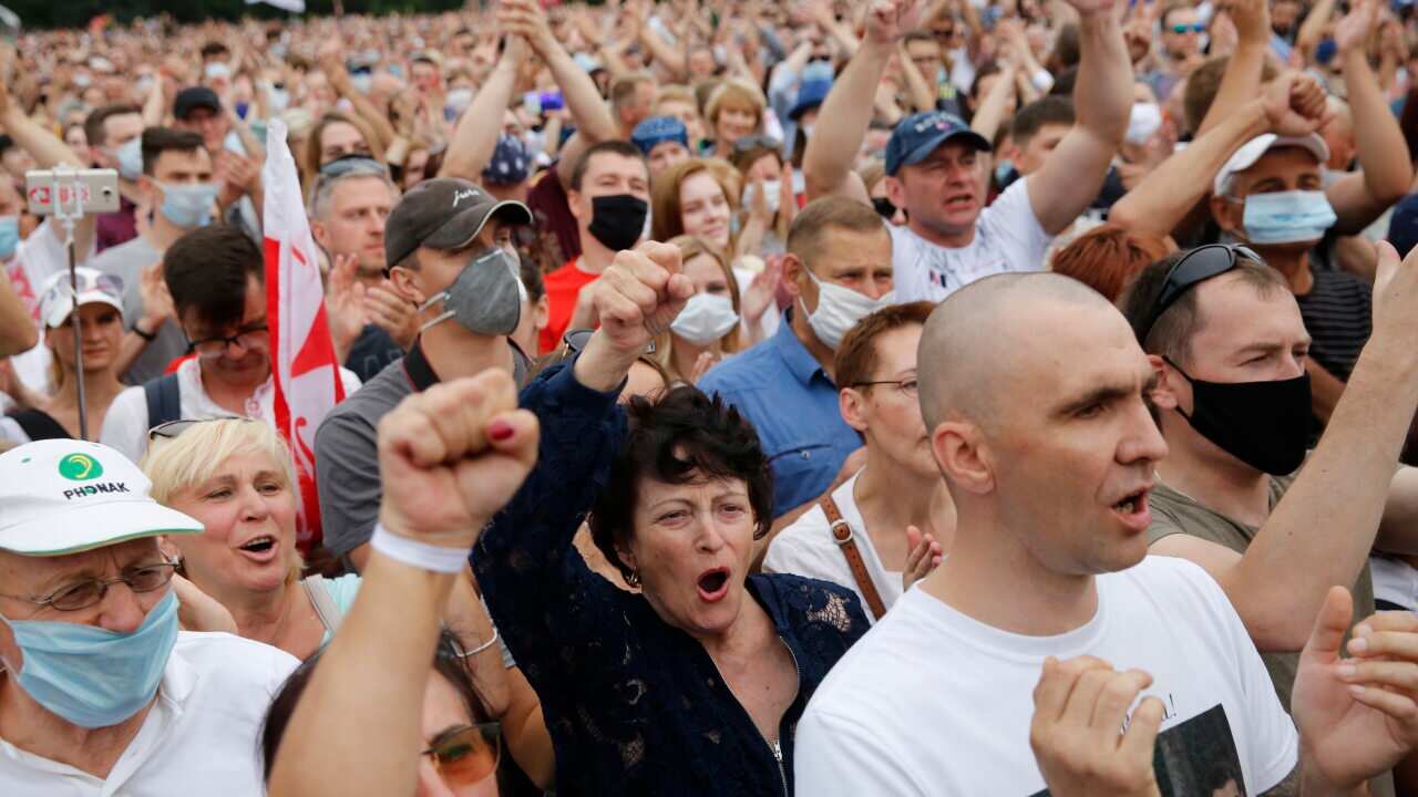 Thousands gather at an opposition campaign rally in Minsk, Belarus