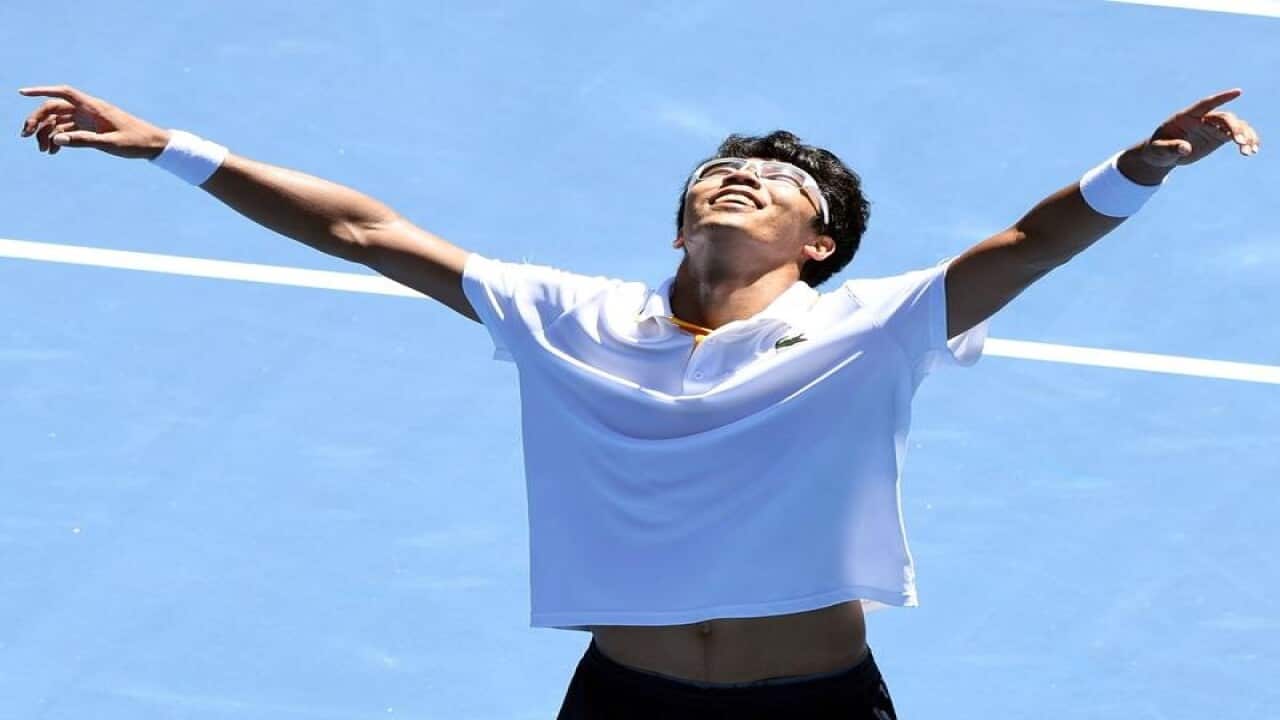 Hyeon Chung of South Korea reacts after winning