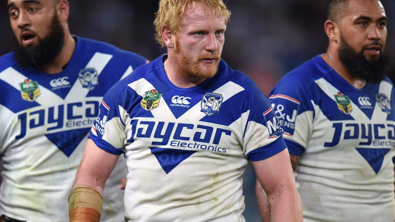 (L-R) Sam Kasiano, James Graham and Frank Pritchard of the Bulldogs