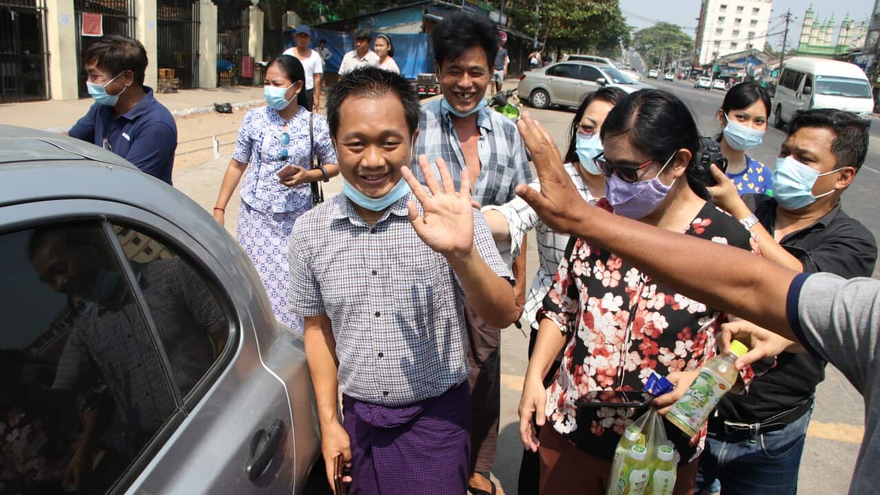 Associated Press photographer Thein Zaw released from Insein Prison after being detained while covering protests against the military coup in Yangon, Myanmar on 24 March 2021.
