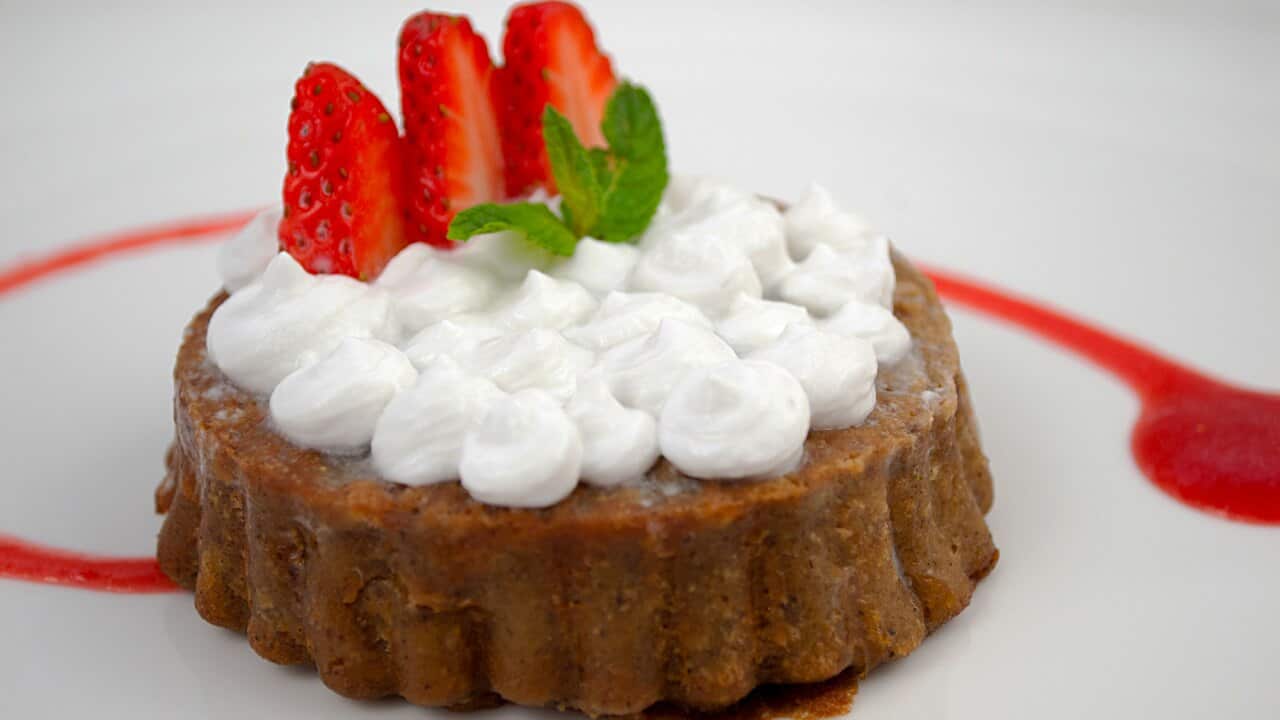 Strawberry rhubarb clafoutis with coconut whipped cream