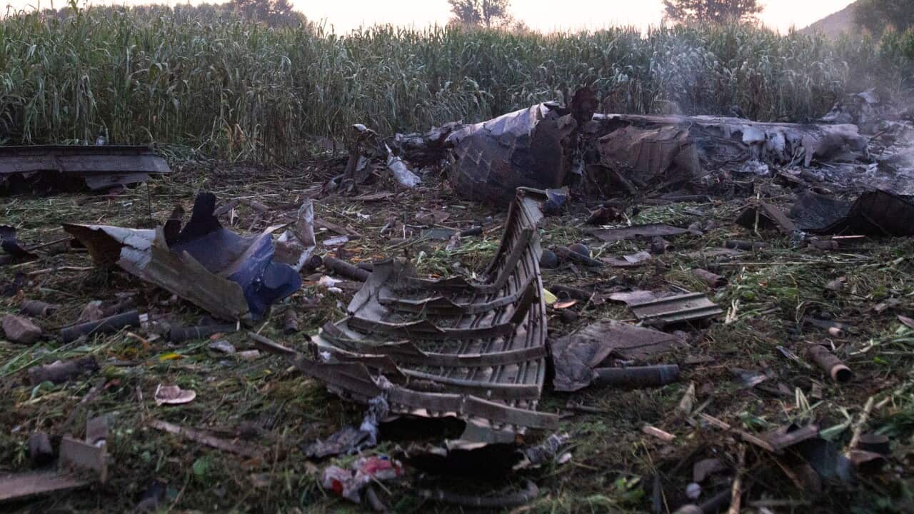 Wreckage from a plane crash is seen on the ground.