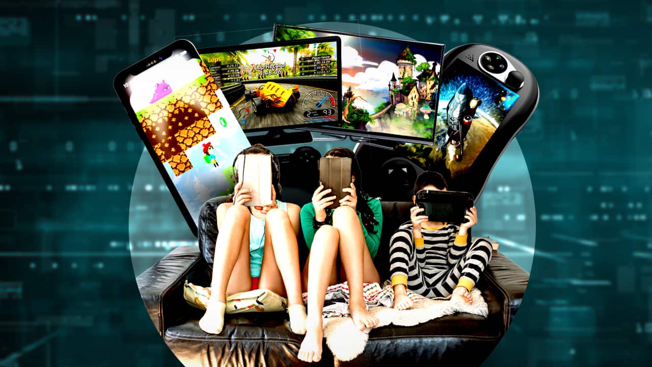 A composite image of kids playing with devices