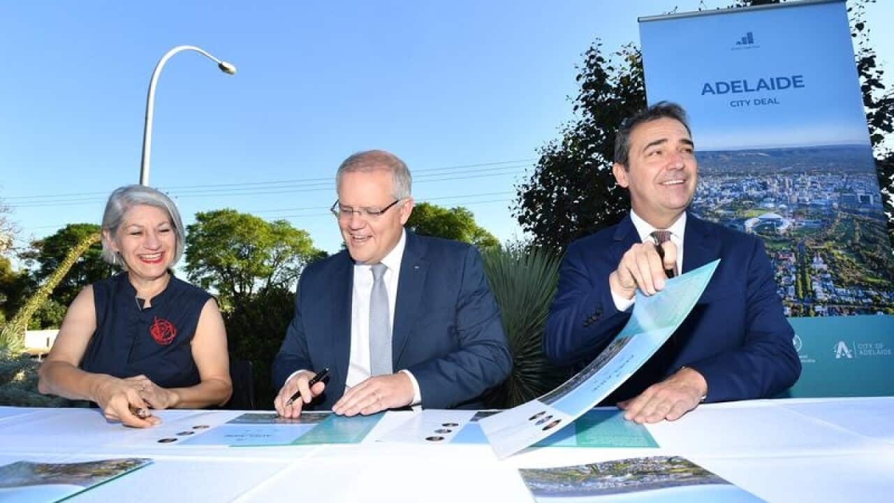 Scott Morrison (C), Sandy Verschoor (L), SA Premier Steven Marshall