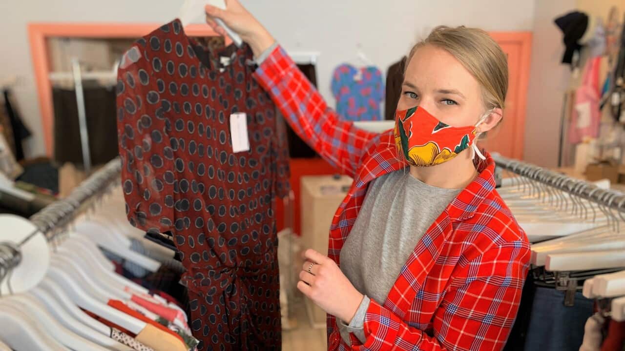 Kirsta Hawkins with her secondhand clothing in Melbourne.
