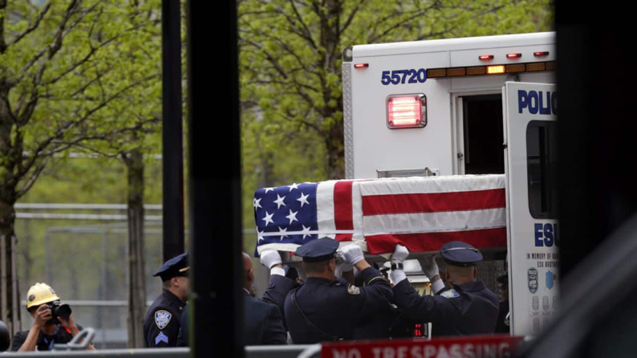 A casket of the unidentified remains of victims of the 9/11 attack
