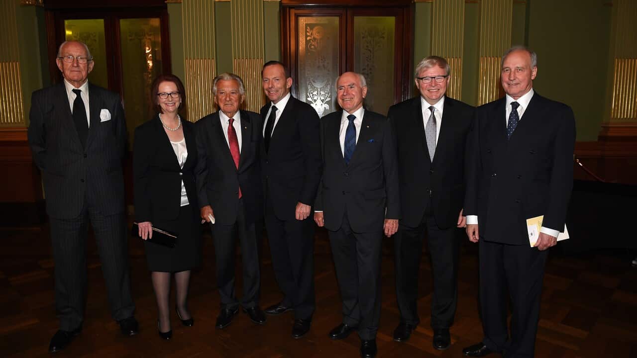 Malcolm Fraser, Julia Gillard, Bob Hawke, Tony Abbott, John Howard, Kevin Rudd and Paul Keating at the memorial service for Gough Whitlam, at the Town Hall in Sydney Nov. 5, 2014. (AAP Image/Dan Himbrechts)