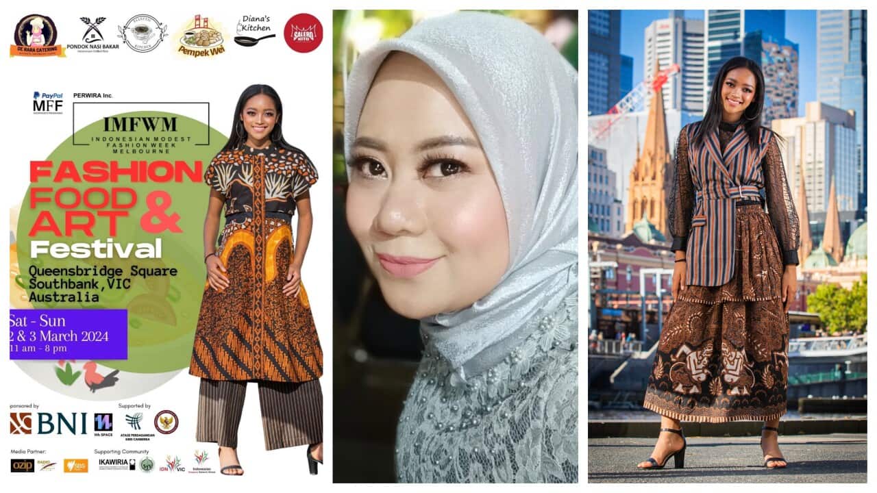 Official flyer of IMFWM 2024 (Credit: PERWIRA) and Btari Btara dresses showed at IMFWM 2023 – Credit: Agustina Pravitasari.