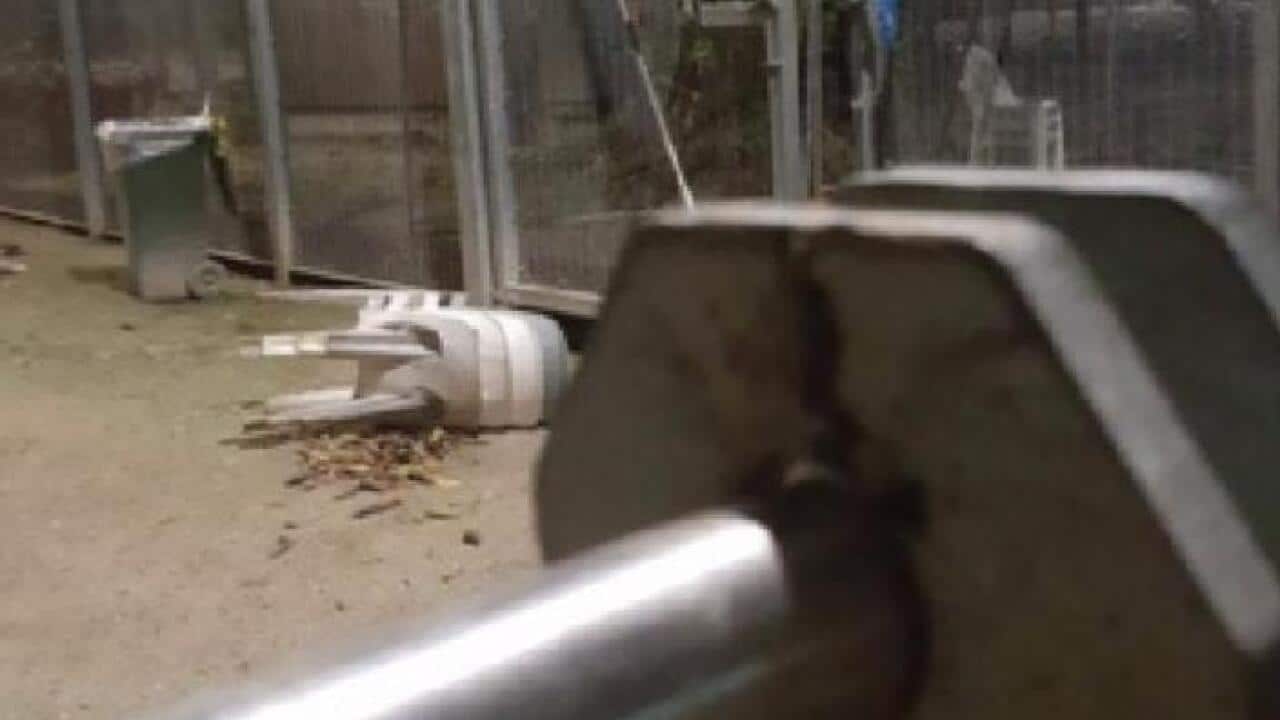 A supplied image obtained Saturday, April 15, 2017 of the damaged outer gate to the Oscar Compound on Manus Island detention centre.