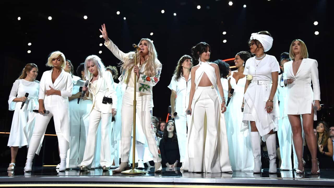 Kesha performed her song 'Praying', which is about forgiving her alleged rapist, on stage at the 2018 Grammy Awards.