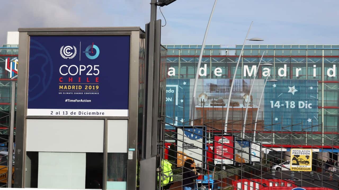 A sign at the Ifema Exhibition and Conventions Centre ahead of the COP25 Climate Change Summit, in Madrid