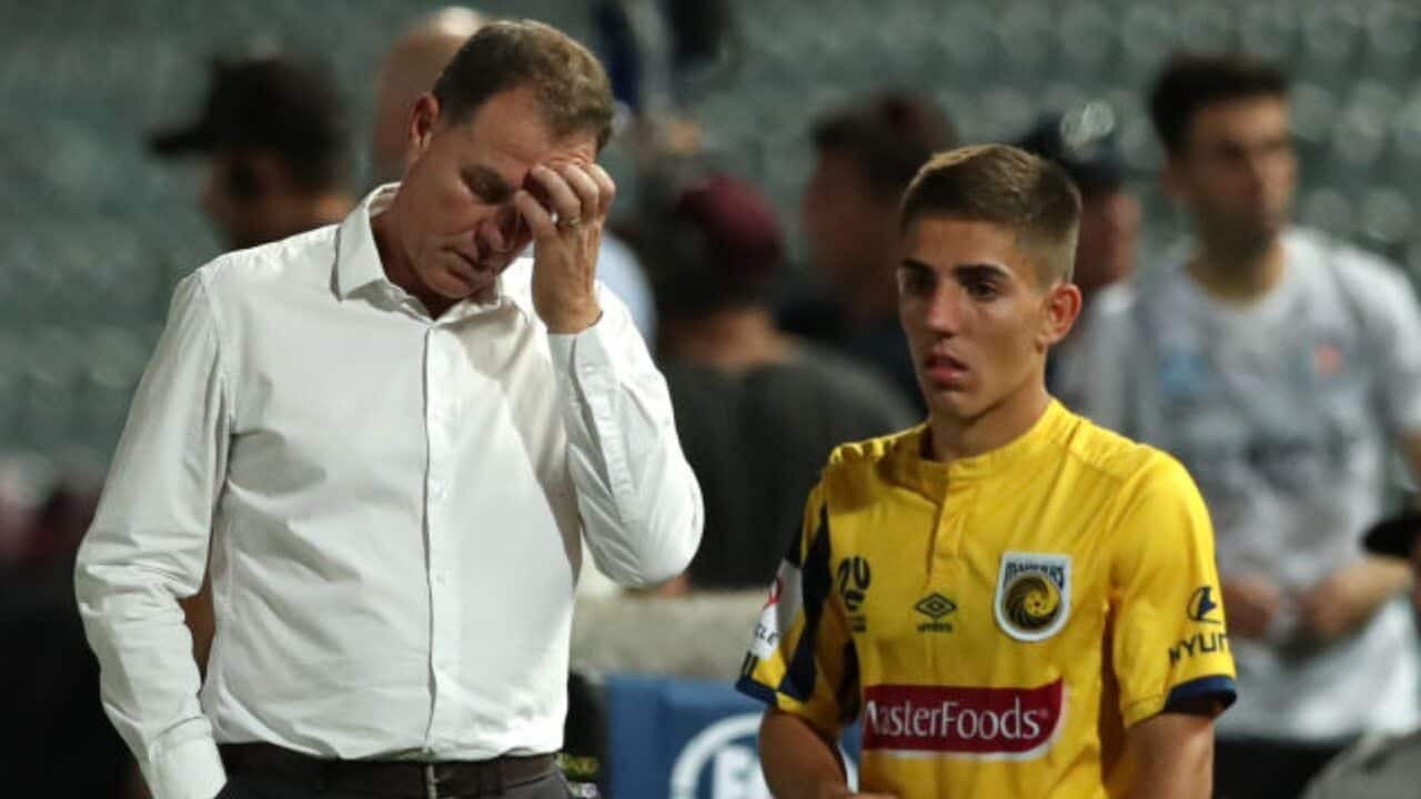 Central Coast Mariners coach Alen Stajcic and Josh Nisbet