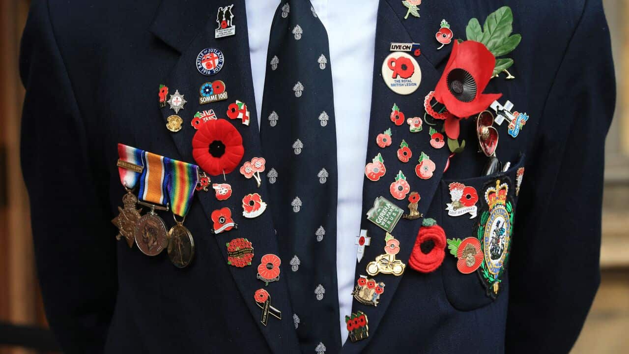 A veteran wears a collection of medals and commemorative poppies on the breast of his jacket